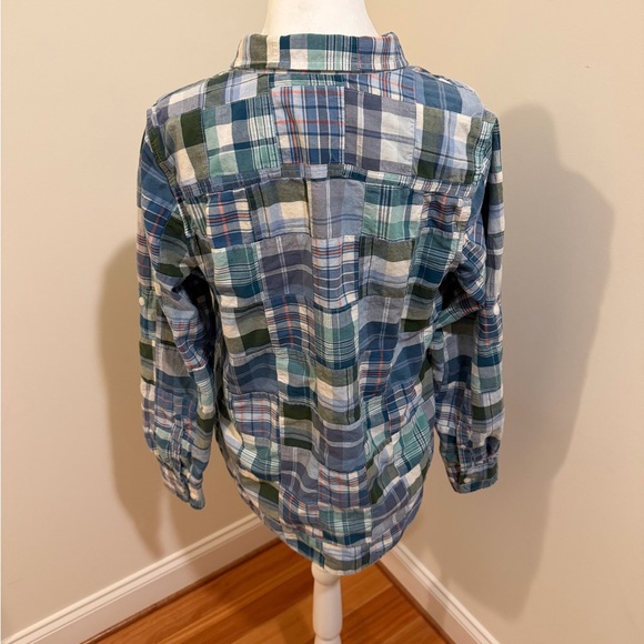 LL Bean Women’s Blue and Green Madras Plaid Patchwork Shirt - Picture 4 of 7